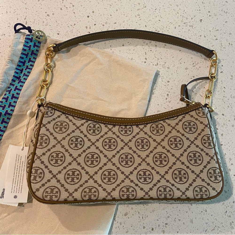 NWT TORY BURCH T Monogram Studio Bag Hazelnut Woven Jacquard/Leather - Picture 8 of 9